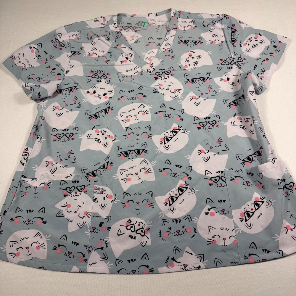 GT Performance Scrub Top 2X Gray‎ Cat Print V-Neck Short Sleeve Pockets 548A-17